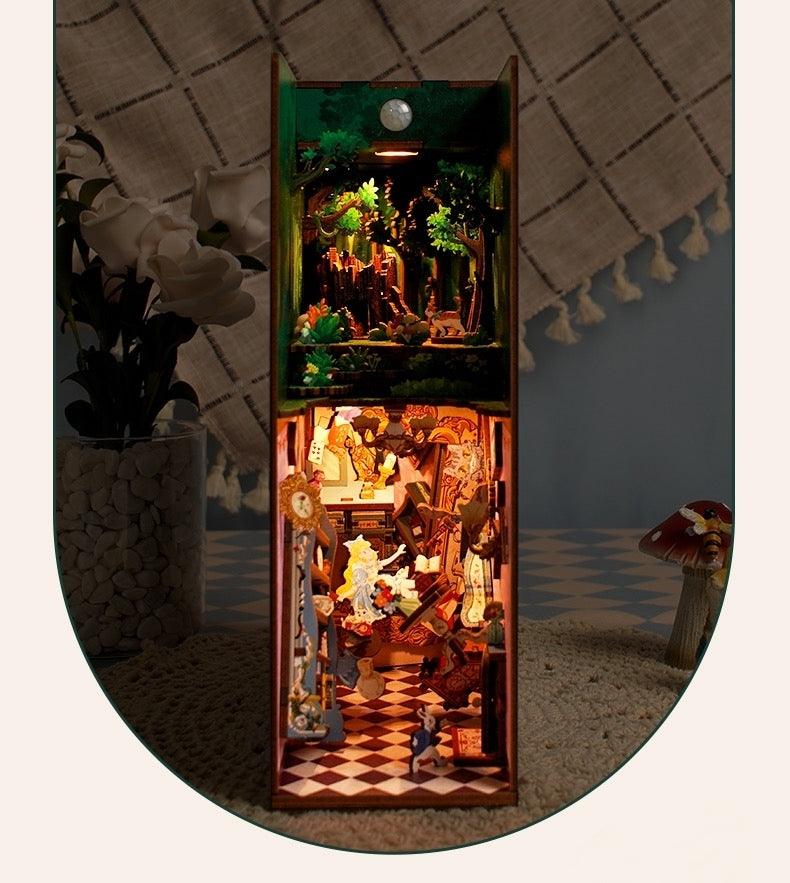 Alice In Wonderland - DIY Book Nook Kit - Wooden Bookshelf Insert Miniarure Diorama Kits - Nighttime View