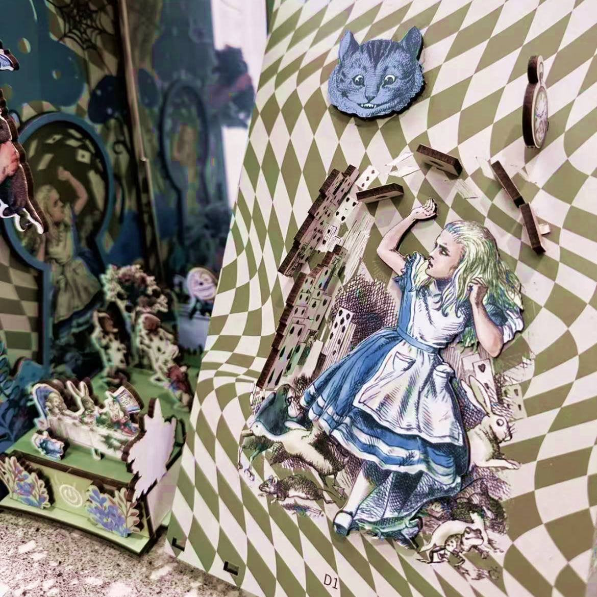 Alice in wonderland DIY Wooden Book Nook Kit, A charming miniature 3d wooden puzzles, perfect for crafting enthusiasts, dollhouse collectors and fairyland lovers alike. Ideal for bookshelf decor of gifting.