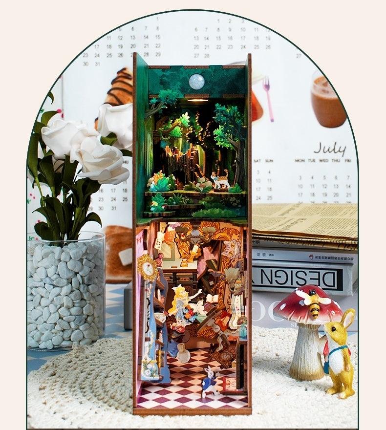 Alice In Wonderland - DIY Book Nook Kit - Wooden Bookshelf Insert Miniarure Diorama Kits -Daytime View