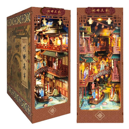Ancient Chinese Night Market DIY Wooden Book Nook Kit, A charming miniature 3d wooden puzzles the relives ancient Chinese dynasty, perfect for crafting enthusiasts, dollhouse collectors and Chinese culture lovers alike. Ideal for bookshelf decor of gifting.