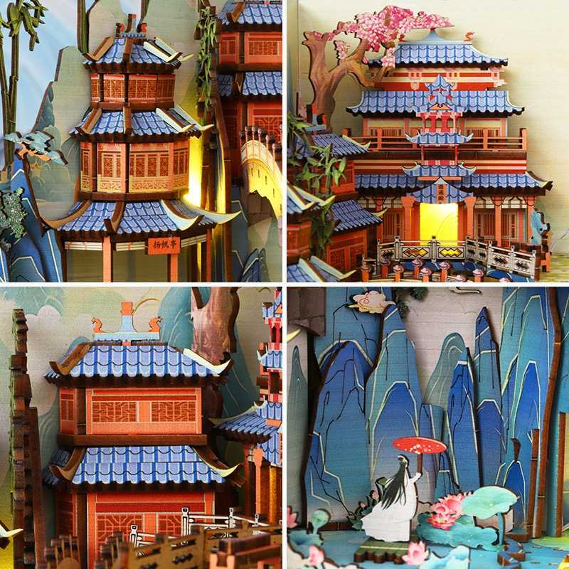 Ancient Fairyland DIY Book Nook Kit, A charming fairyland themed miniature puzzle crafts inspired by Chinese folklore and mythology, perfect for DIY crafting enthusiasts and dollhouse collectors alike. Ideal for bookshelf decor of gift for Chinese folklore and mythology lovers, details