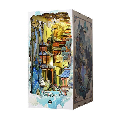Ancient Fairyland DIY Book Nook Kit, A charming fairyland themed miniature puzzle crafts inspired by Chinese folklore and mythology, perfect for DIY crafting enthusiasts and dollhouse collectors alike. Ideal for bookshelf decor of gift for Chinese folklore and mythology lovers, right angle