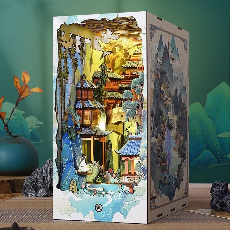 Ancient Fairyland DIY Book Nook Kit, A charming fairyland themed miniature puzzle crafts inspired by Chinese folklore and mythology, perfect for DIY crafting enthusiasts and dollhouse collectors alike. Ideal for bookshelf decor of gift for Chinese folklore and mythology lovers, bookstand
