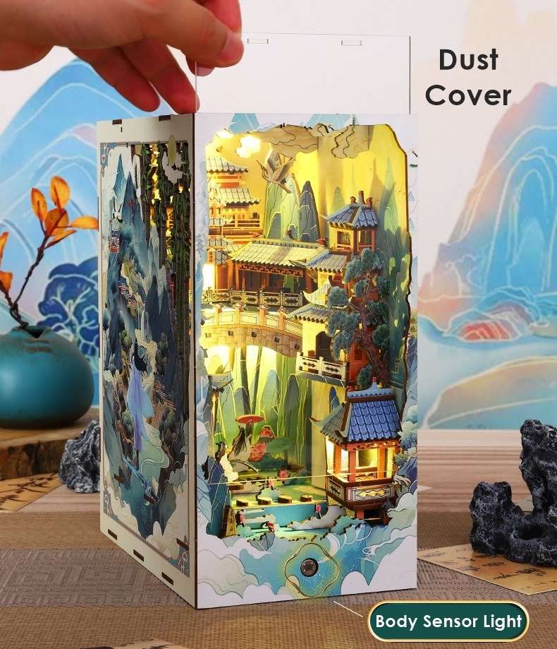 Ancient Fairyland DIY Book Nook Kit, A charming fairyland themed miniature puzzle crafts inspired by Chinese folklore and mythology, perfect for DIY crafting enthusiasts and dollhouse collectors alike. Ideal for bookshelf decor of gift for Chinese folklore and mythology lovers, dust cover