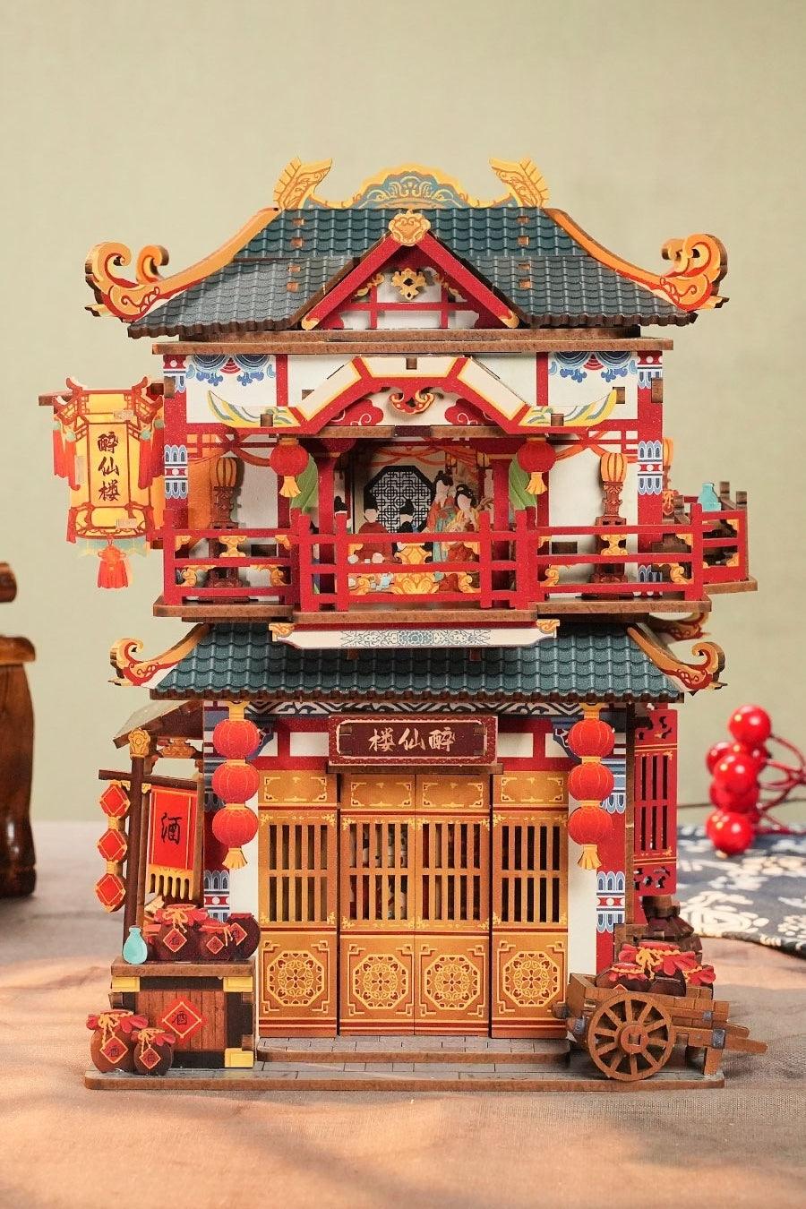 ancient Chinese restaurant themed diy 3D wooden puzzles for adults - front size view