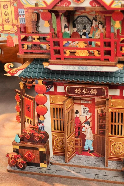 ancient Chinese restaurant themed diy 3D wooden puzzles for adults - close- up