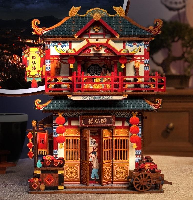 ancient Chinese restaurant themed diy 3D wooden puzzles for adults - night