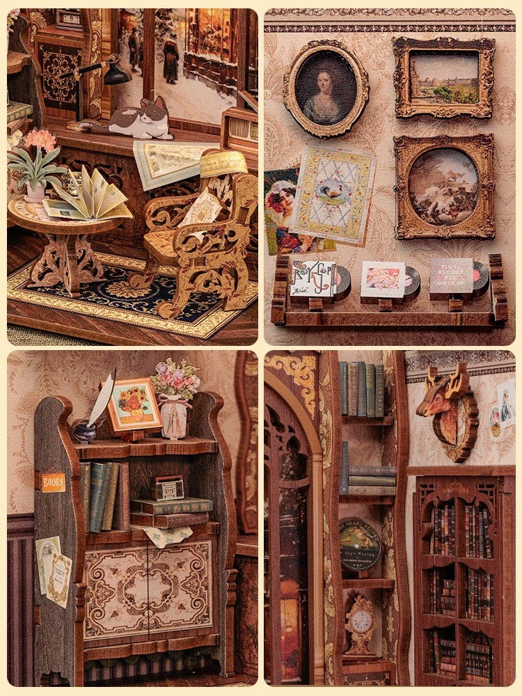 Bookshop Memories DIY Book Nook Kit, Bookstore theme bookshelf insert decor diorama, 3D Wooden puzzles bookend, miniature house crafts - details display