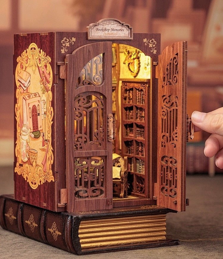 Bookshop Memories DIY Book Nook Kit, Bookstore theme bookshelf insert decor diorama, 3D Wooden puzzles bookend, miniature house crafts - openable door
