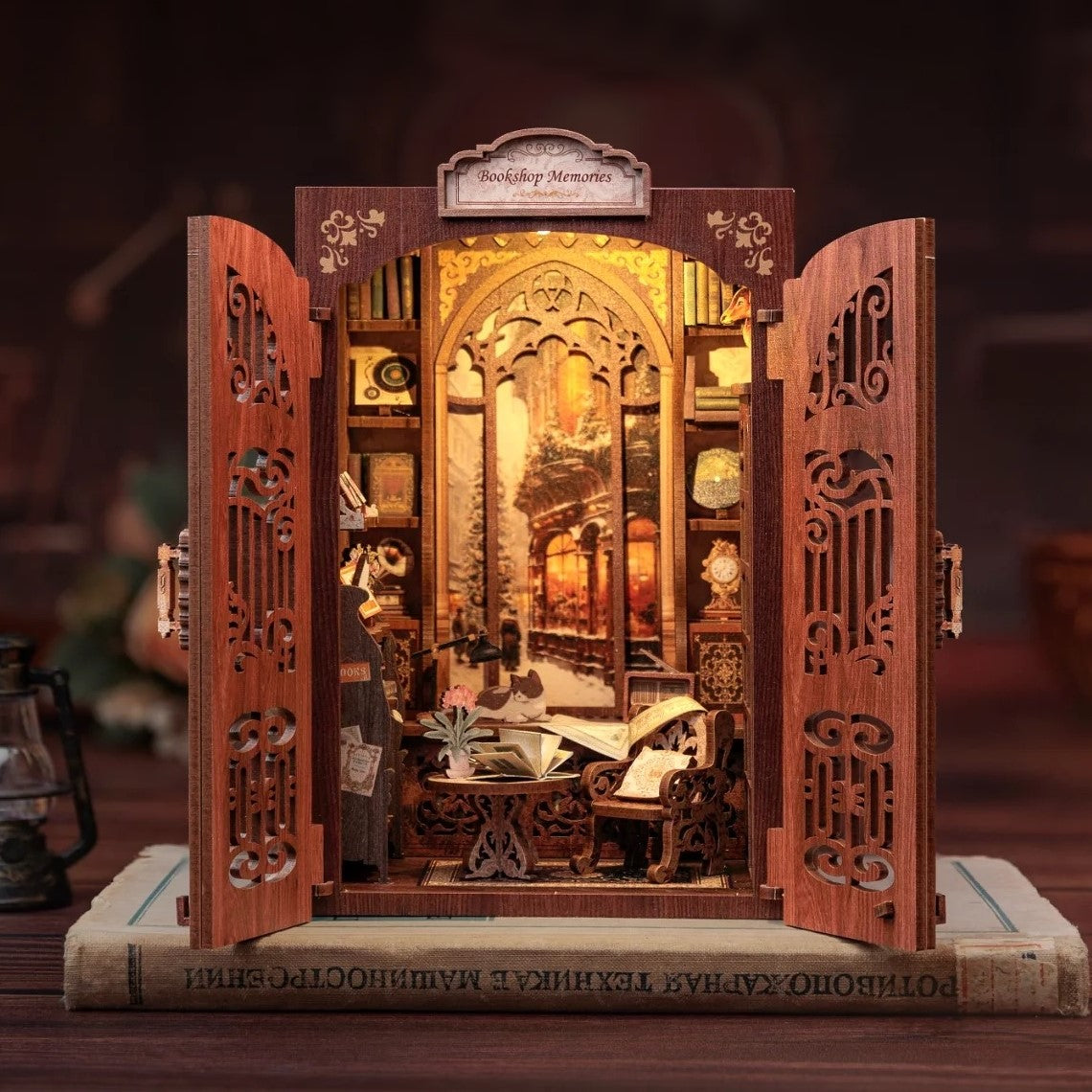 Bookshop Memories DIY Book Nook Kit, Bookstore theme bookshelf insert decor diorama, 3D Wooden puzzles bookend, miniature house crafts - night time view