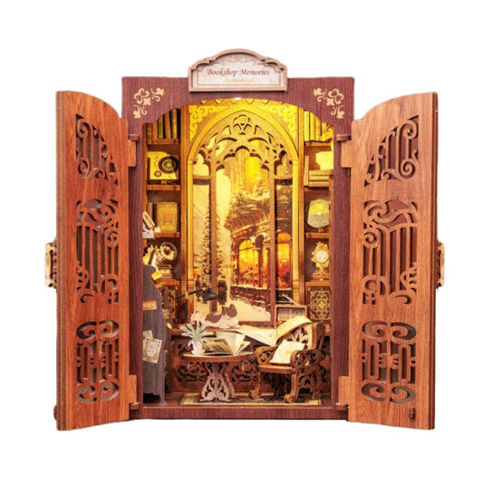 Bookshop Memories DIY Book Nook Kit, Bookstore theme bookshelf insert decor diorama, 3D Wooden puzzles bookend, miniature house crafts - main image