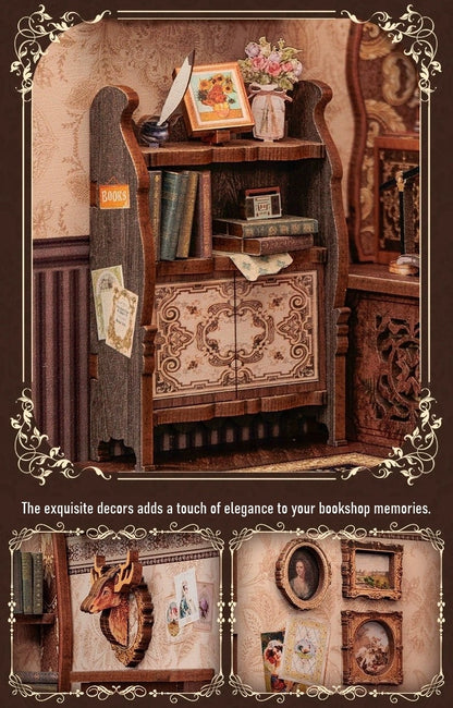 Bookshop Memories DIY Book Nook Kit, Bookstore theme bookshelf insert decor diorama, 3D Wooden puzzles bookend, miniature house crafts - details 3