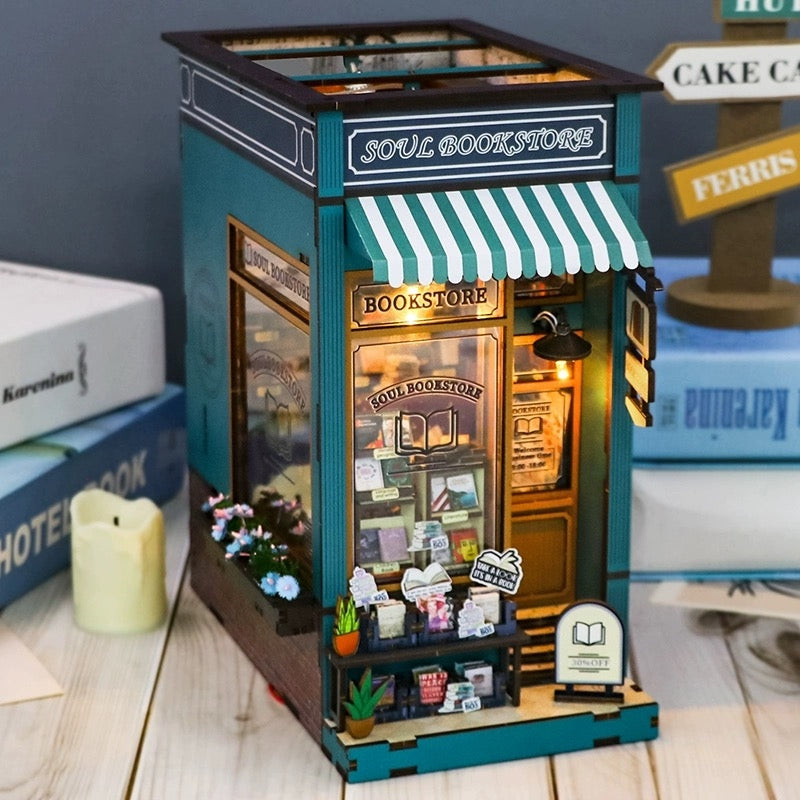 bookstore diy book nook kit - 3d wooden bookend - bookshelf insert diorama - miniature crafts