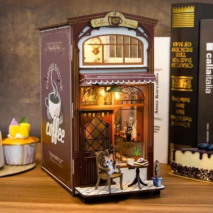 Coffee Shop DIY Book Nook Kit, A charming cafe themed miniature puzzle crafts, perfect for DIY crafting enthusiasts and dollhouse collectors alike. Ideal for bookshelf decor of gift for coffee lovers, left angle view