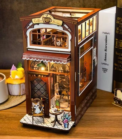 Coffee Shop DIY Book Nook Kit, A charming cafe themed miniature puzzle crafts, perfect for DIY crafting enthusiasts and dollhouse collectors alike. Ideal for bookshelf decor of gift for coffee lovers, right angle view