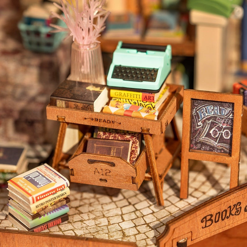 a close-up miniature scene of Corner Bookstore DIY Miniature 