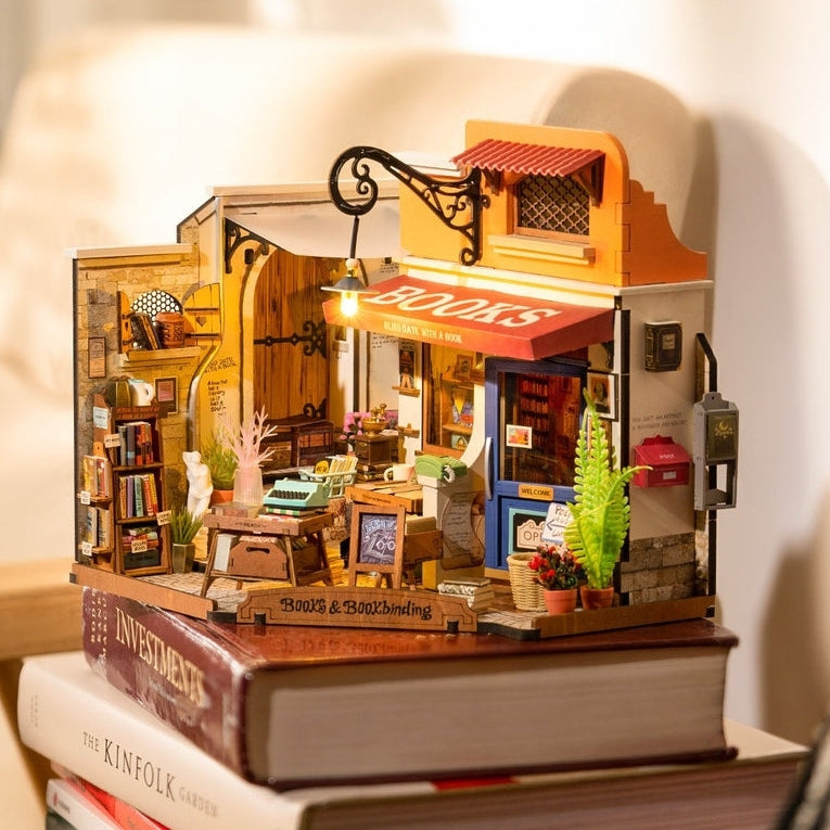 a finished model of Corner Bookstore DIY Miniature House