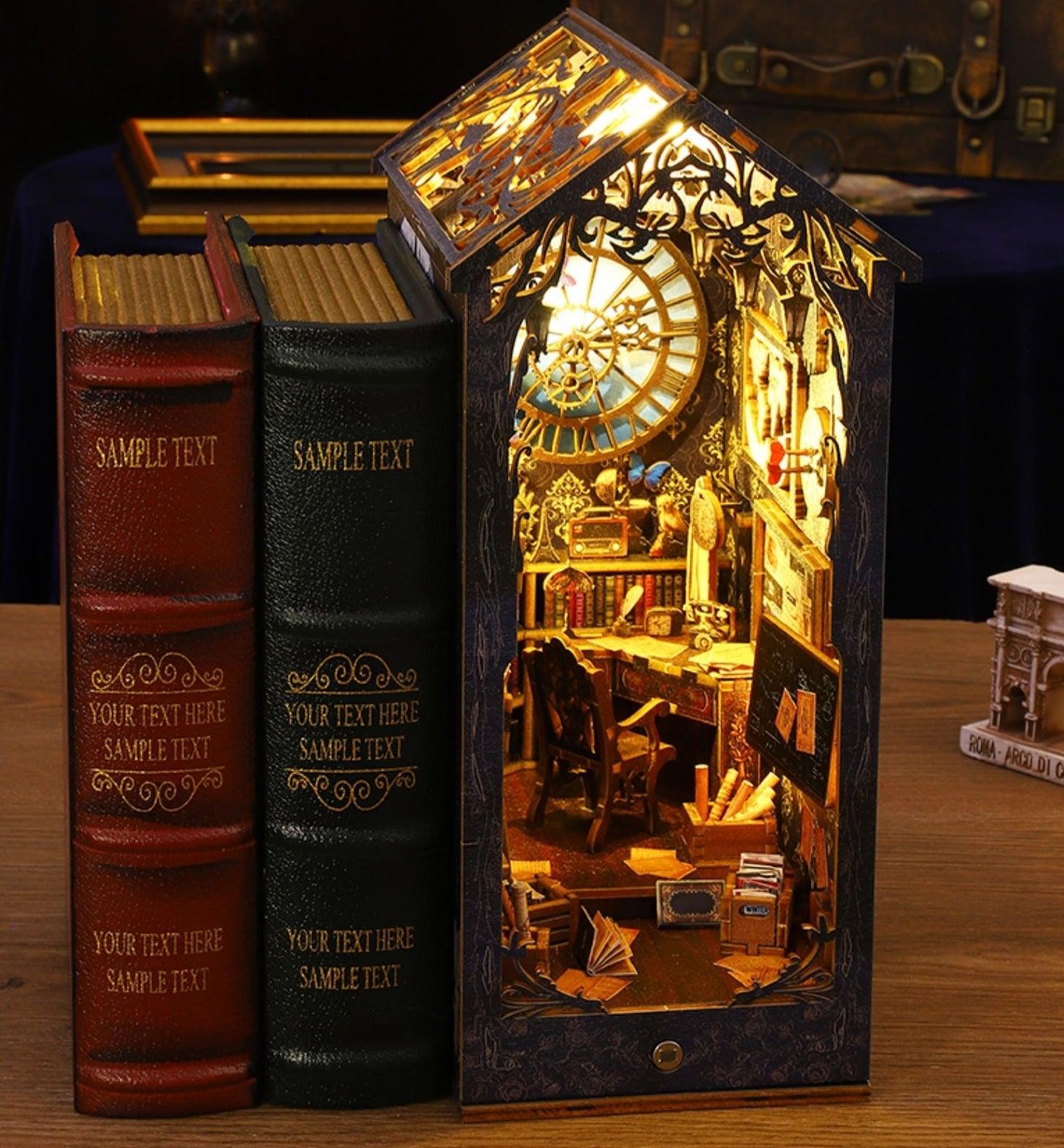 famous detective agency diy book nook kit, inspired by the famous detective Sherlock Holmes, A charming miniature 3d wooden puzzles bring the mysteries of Victorian London to life in authentic miniature scenes, perfect for bookshelf decor, and dollhouse collectors, or a gift for Sherlock Holmes fans. - front