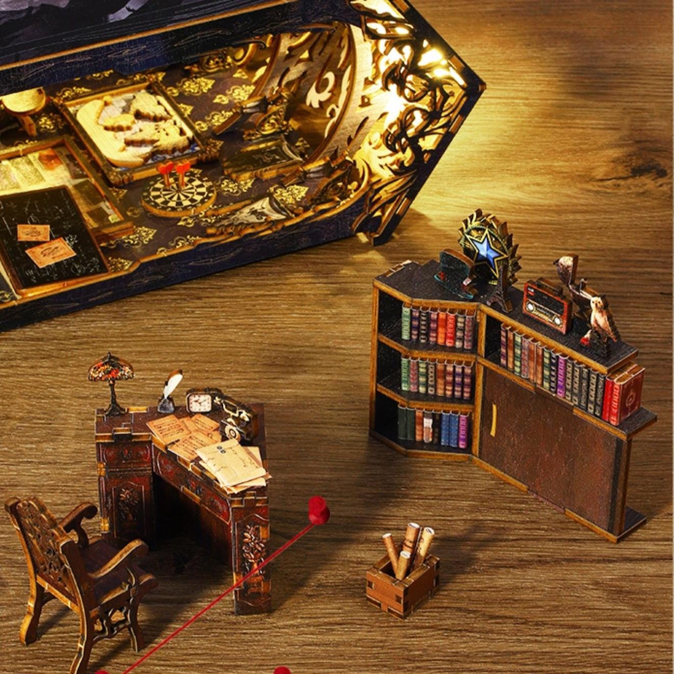 famous detective agency diy book nook kit, inspired by the famous detective Sherlock Holmes, A charming miniature 3d wooden puzzles bring the mysteries of Victorian London to life in authentic miniature scenes, perfect for bookshelf decor, and dollhouse collectors, or a gift for Sherlock Holmes fans.