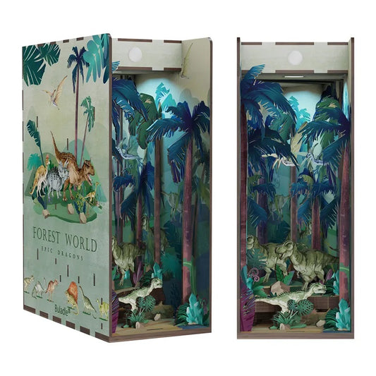 Dinosaur World DIY book nook kit, adventurers bookshelf insert decor diorama, 3d wooden puzzles book end, miniature house crafts - main image