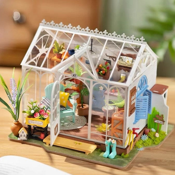 Dreamy Garden House DIY miniature house kit, A charming greenhouse themed home decor dollhouse, perfect for gifting, crafting enthusiasts and dollhouse or mini-scale model collectors alike.