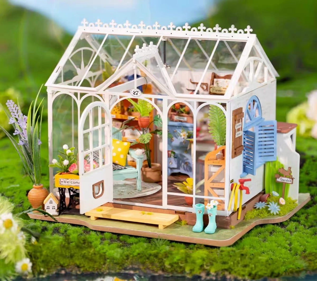 Dreamy Garden House DIY miniature house kit, A charming greenhouse themed home decor dollhouse, perfect for gifting, crafting enthusiasts and dollhouse or mini-scale model collectors alike.