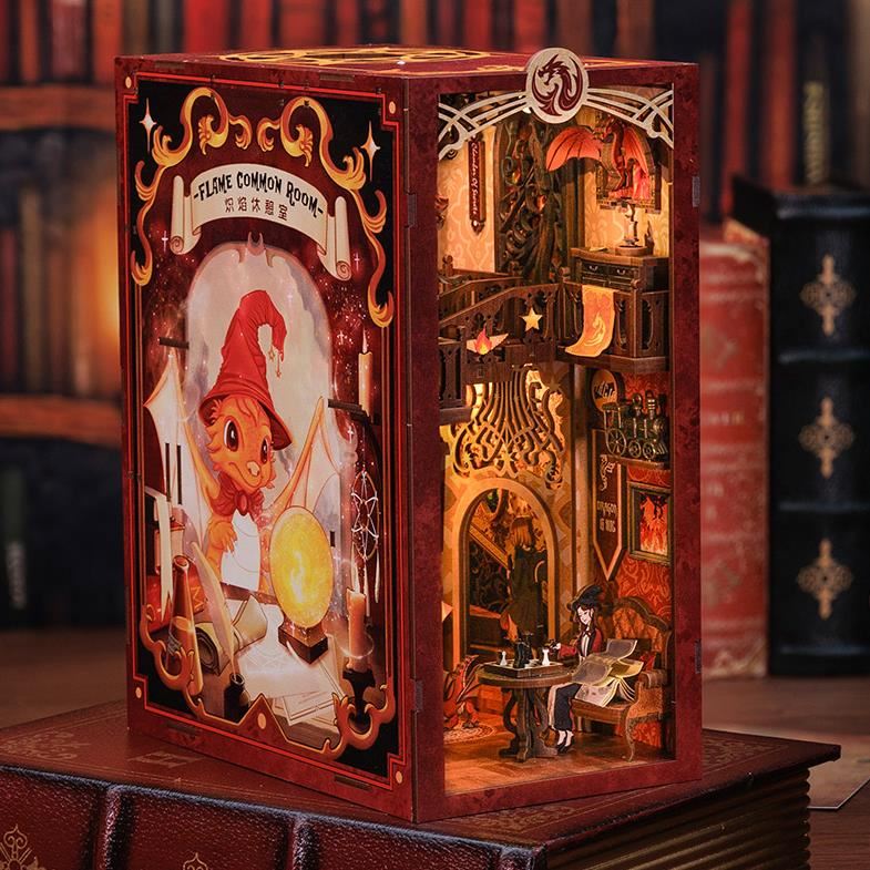 flame common room diy book nook - magic school 3d wooden bookend - harry potter bookshelf insert diorama - miniature crafts