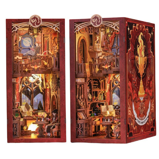 flame common room diy book nook - magic school 3d wooden bookend - harry potter bookshelf insert diorama - miniature crafts