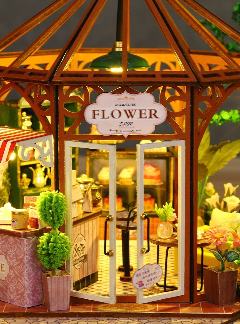 Flower House Coffee Shop DIY Miniature House Kit - A charming miniature coffee shop with floral accents, perfect for crafting enthusiasts and dollhouse collectors alike - details