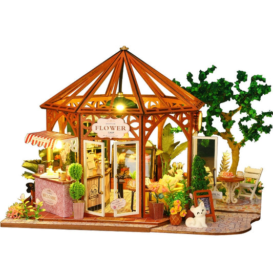 Flower House Coffee Shop DIY Miniature House Kit - A charming miniature coffee shop with floral accents, perfect for crafting enthusiasts and dollhouse collectors alike - main image