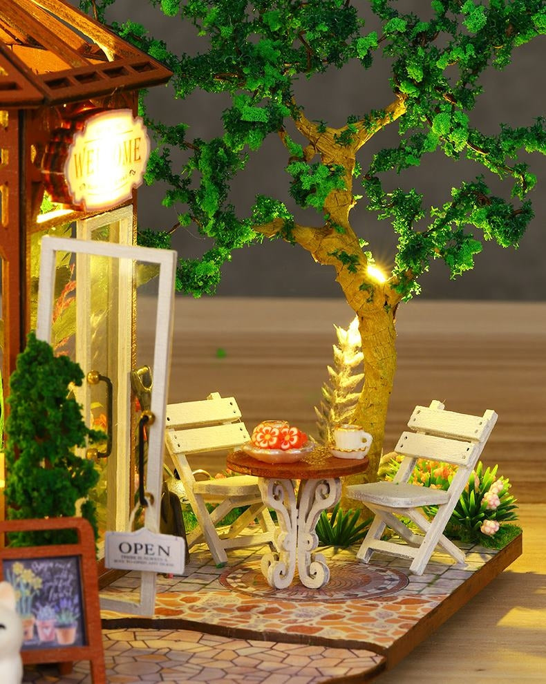 Flower House Coffee Shop DIY Miniature House Kit - A charming miniature coffee shop with floral accents, perfect for crafting enthusiasts and dollhouse collectors alike - details
