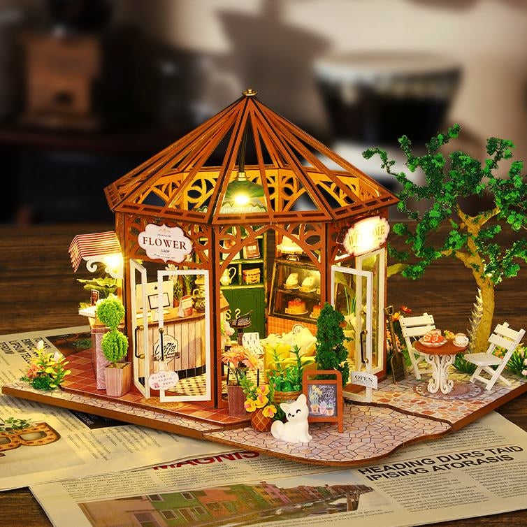 Flower House Coffee Shop DIY Miniature House Kit - A charming miniature coffee shop with floral accents, perfect for crafting enthusiasts and dollhouse collectors alike - side view