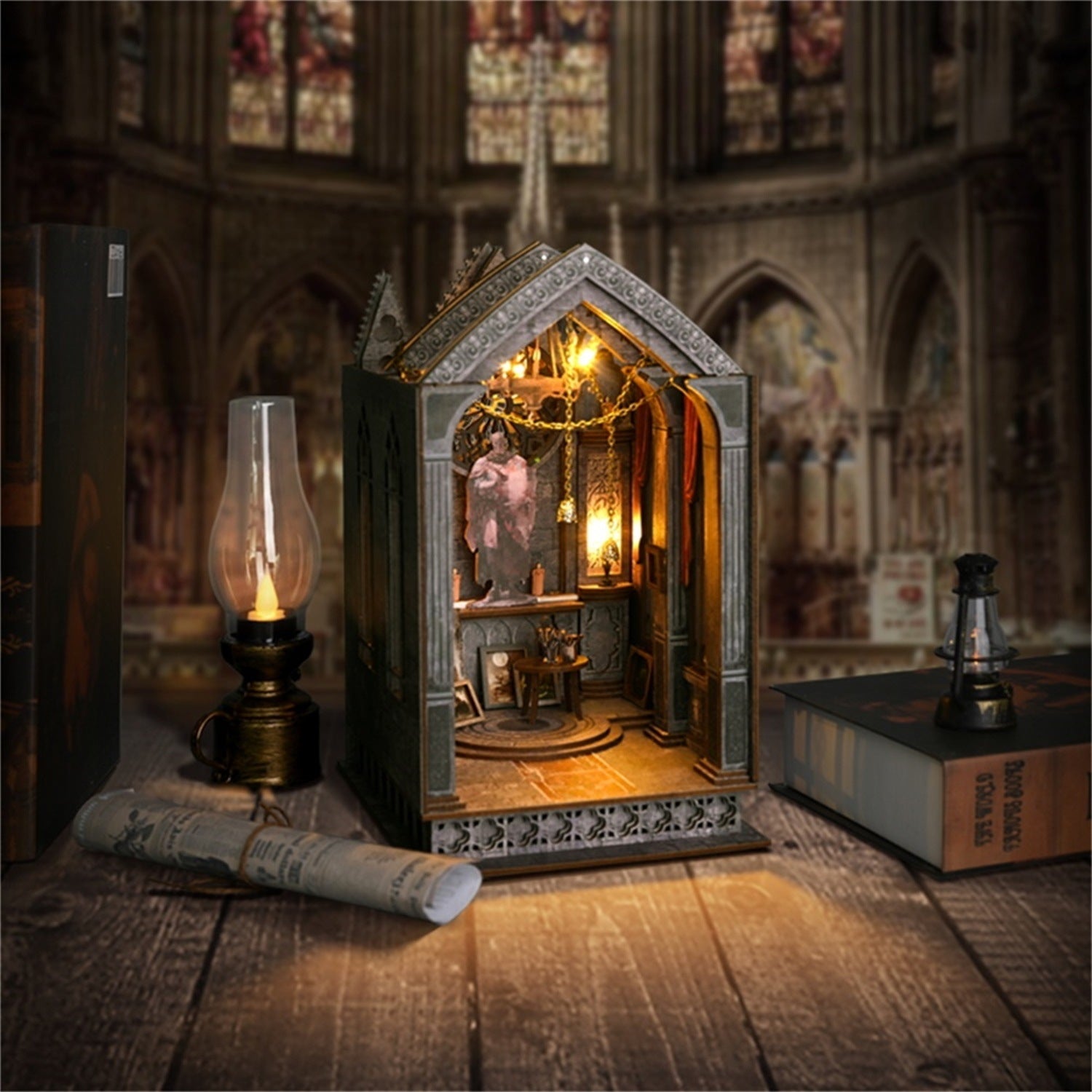 Quiet Night Prayer | DIY Book Nook Kit | Gothic Architecture Inspired 3D Wooden Bookend | Bookshelf Insert Diorama | Miniature Crafts