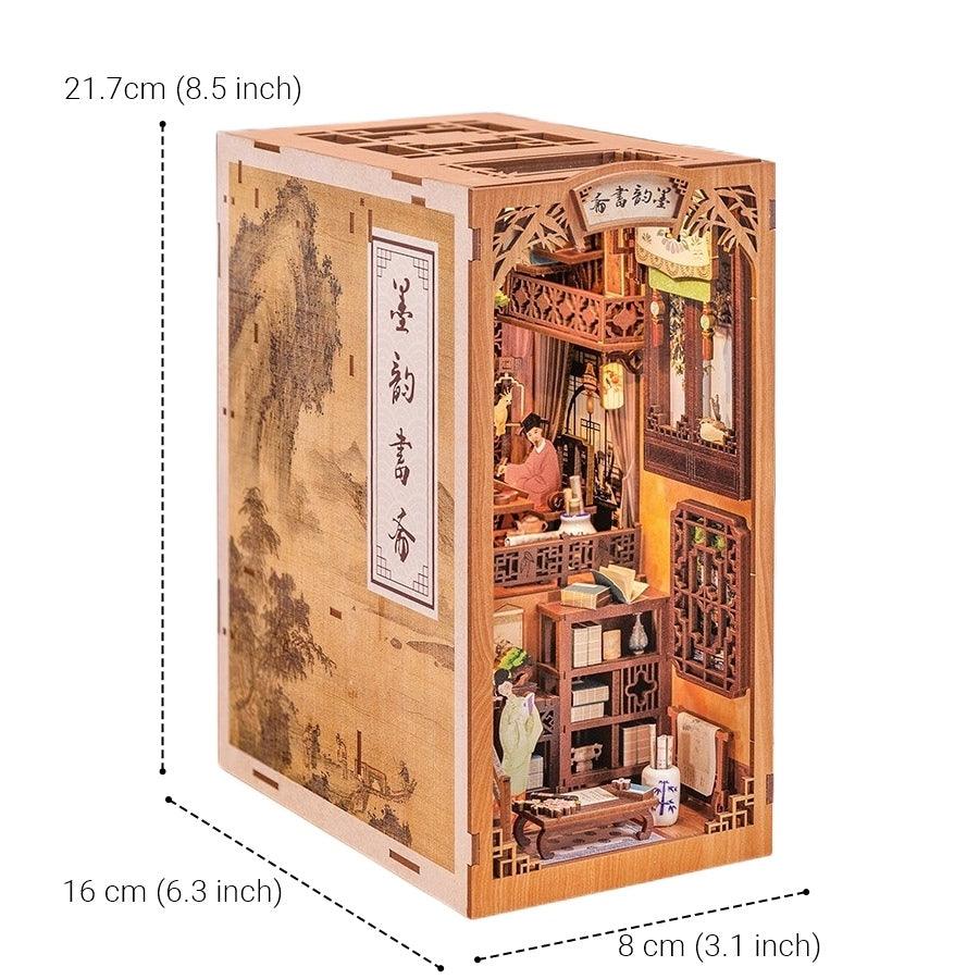 Ink Rhythm Bookstore DIY Book Nook Kit, A charming miniature puzzle crafts inspired by Chinese ancient bookstore, perfect for DIY crafting enthusiasts and dollhouse collectors alike. Ideal for bookshelf decor of gift for Chinese culture lovers - size