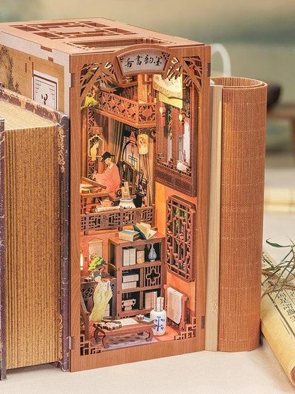 Ink Rhythm Bookstore DIY Book Nook Kit, A charming miniature puzzle crafts inspired by Chinese ancient bookstore, perfect for DIY crafting enthusiasts and dollhouse collectors alike. Ideal for bookshelf decor of gift for Chinese culture lovers