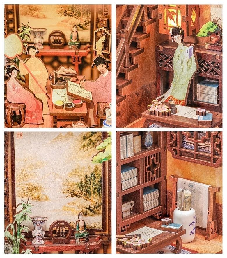 Ink Rhythm Bookstore DIY Book Nook Kit, A charming miniature puzzle crafts inspired by Chinese ancient bookstore, perfect for DIY crafting enthusiasts and dollhouse collectors alike. Ideal for bookshelf decor of gift for Chinese culture lovers - details