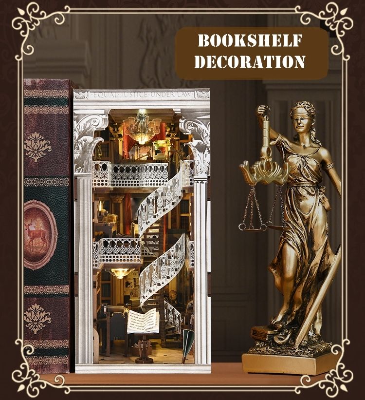 Law Library book nook placed on a bookshelf – The completed miniature law library nestled between books, serving as a decorative and intellectual addition to any book collection.