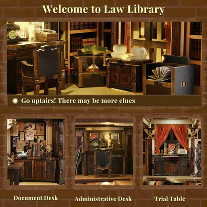 miniature scenarios in the Law Library DIY Book Nook Kit, including the document desk, administrative desk and the trial table