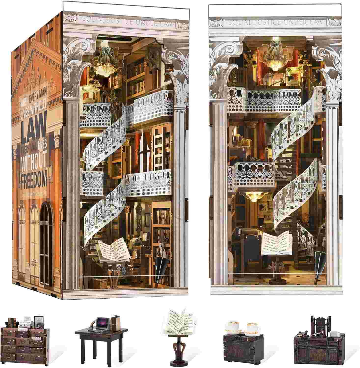 Front view of the Law Library book nook – A miniature legal-themed bookshelf insert inspired by the Iowa State Capitol Law Library, featuring grand wooden bookshelves, an elegant spiral staircase, and warm lighting.