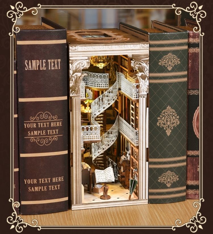 Law Library book nook placed on a bookshelf – The completed miniature law library nestled between books, serving as a decorative and intellectual addition to any book collection.