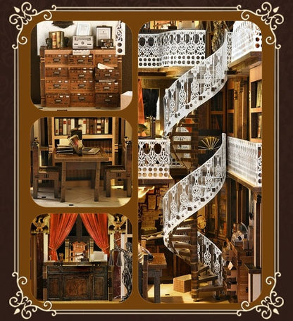 close-up showcasing architectural details – Ornate columns, railings, and vintage-style carvings enhance the realistic look of this legal-themed book nook.