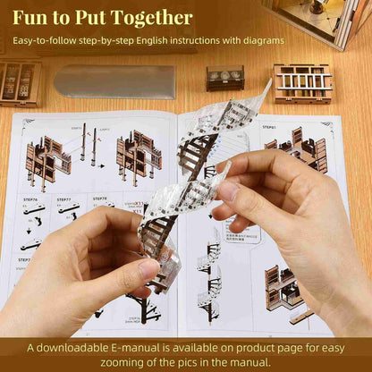 DIY assembly process – Snap-fit puzzle pieces laid out, showing the easy and precise assembly of this miniature book nook kit.