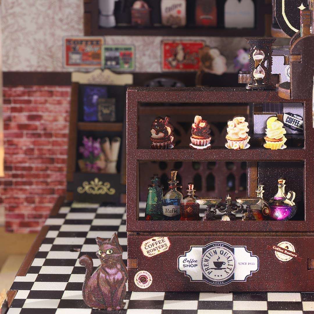 image displaying the miniature details of Magic Coffee Shop Book Nook