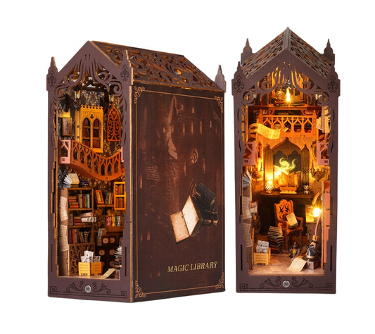 Magic Library DIY Book Nook Kit | 3D Wooden Puzzle Bookend | Bookshelf Decor Diorama | Miniature House Book Stand