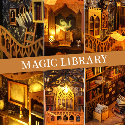 Magic Library DIY Book Nook Kit | 3D Wooden Puzzle Bookend | Bookshelf Decor Diorama | Miniature House Book Stand