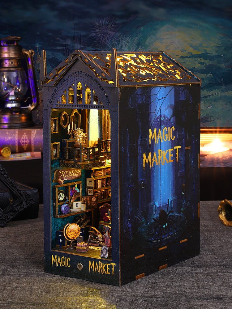 Magic Market DIY Book Nook Kit - 3D Wooden Bookend Puzzles - Bookshelf Insert Diorama - Magic Shop Miniature Dollhouse Crafts - perfect for harry potter fans or gifting - warm light