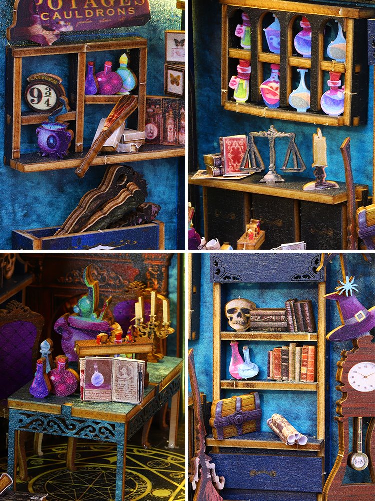 Magic Market DIY Book Nook Kit - 3D Wooden Bookend Puzzles - Bookshelf Insert Diorama - Magic Shop Miniature Dollhouse Crafts - details - perfect for harry potter fans or gifting