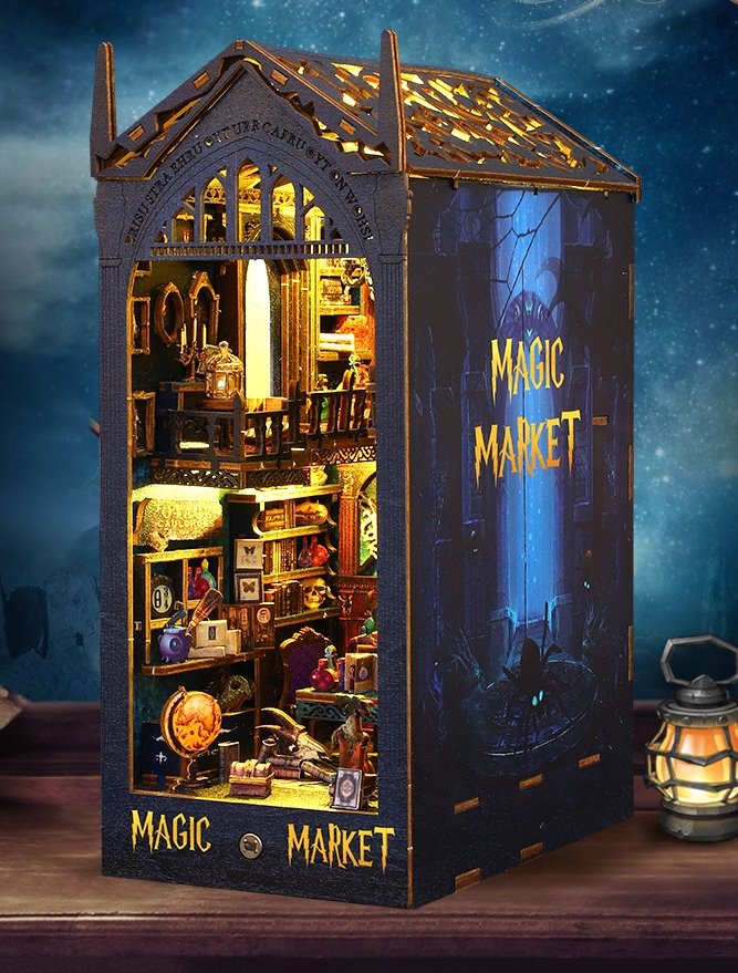 Magic Market DIY Book Nook Kit - 3D Wooden Bookend Puzzles - Bookshelf Insert Diorama - Magic Shop Miniature Dollhouse Crafts - perfect for harry potter fans or gifting - right side view