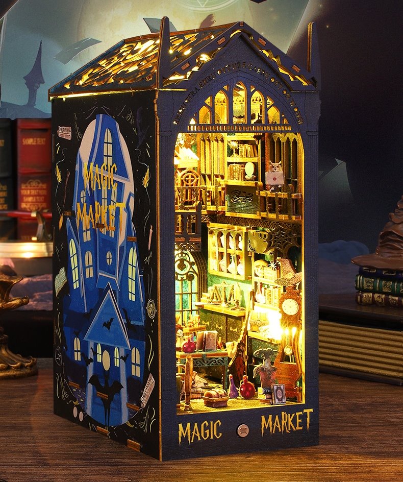 Magic Market DIY Book Nook Kit - 3D Wooden Bookend Puzzles - Bookshelf Insert Diorama - Magic Shop Miniature Dollhouse Crafts - perfect for harry potter fans or gifting - left side