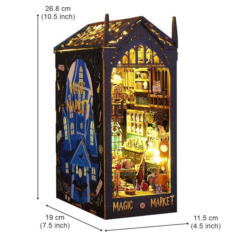 Magic Market DIY Book Nook Kit - 3D Wooden Bookend Puzzles - Bookshelf Insert Diorama - Magic Shop Miniature Dollhouse Crafts - perfect for harry potter fans or gifting - sizes